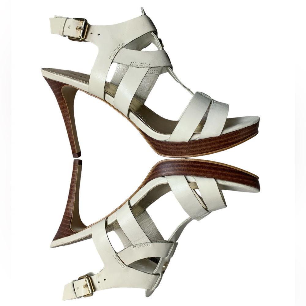 Marc‎ Fisher Vachella Leather Strappy Wooden Heel Sandals Cream MFVACHELLA
